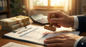 정부 로고가 찍힌 정책자금 서류에 도장을 찍는 사장님의 손과 밝게 웃는 직원들, 배경에는 상승하는 그래프