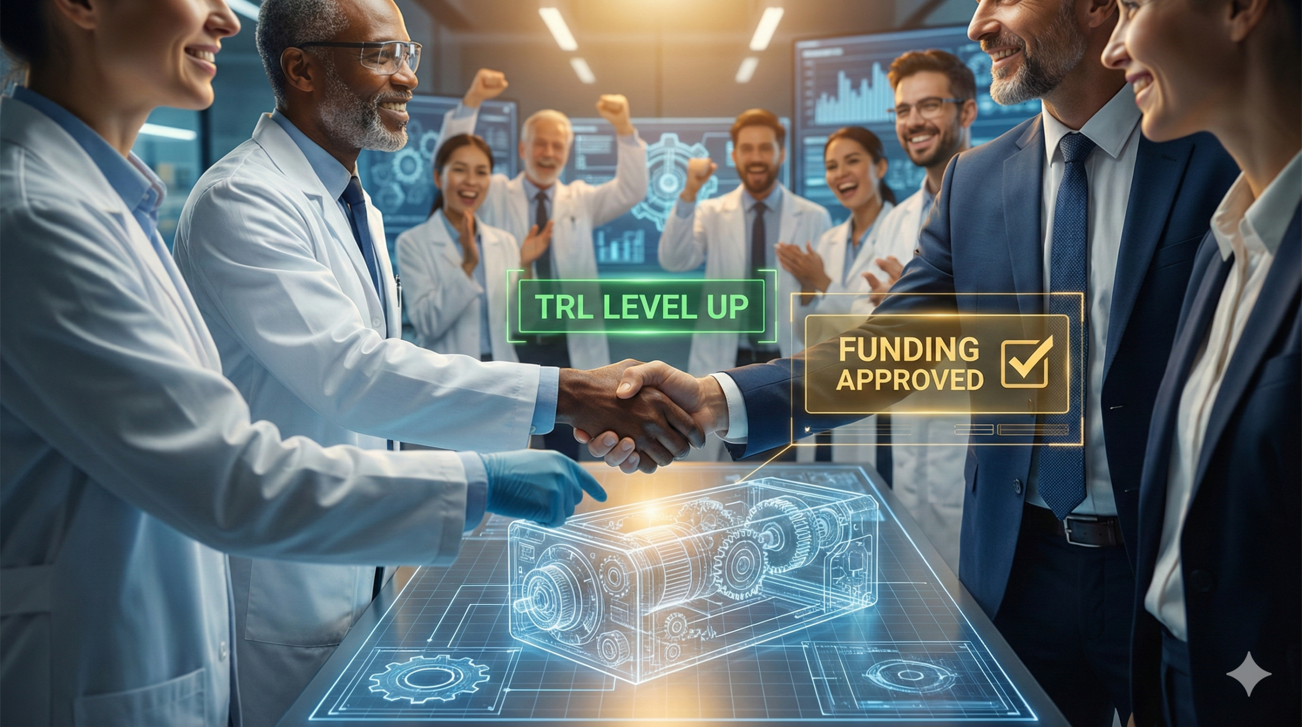 흰 가운을 입은 연구자와 정장을 입은 기업가가 홀로그램 설계도 위에서 악수를 나누는 모습이며, 국가연구개발 우수연구성과 확산 촉진 지원사업의 핵심인 산학연 컨소시엄 협력과 기술 성숙도(TRL) 향상을 통한 성공적인 자금 확보를 의미함.