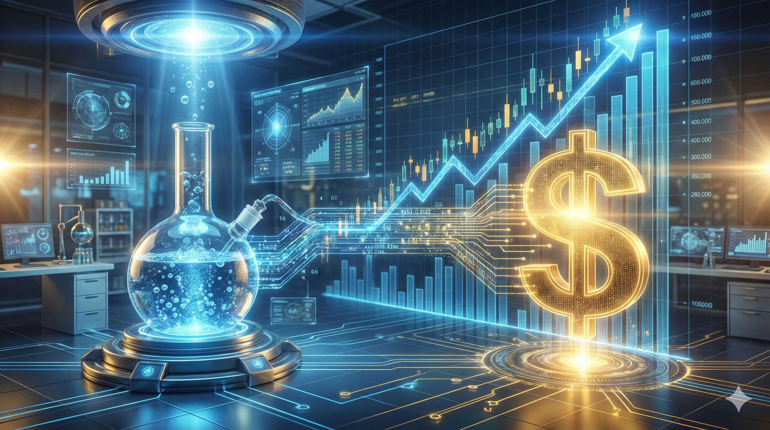 푸른 빛이 감도는 첨단 연구실과 우상향하는 주식 그래프가 오버랩된 이미지로, 국가연구개발 우수연구성과 확산 촉진 지원사업을 통해 기초 연구가 '죽음의 계곡'을 넘어 막대한 경제적 부가가치 창출로 이어지는 과정을 시각적으로 표현함.