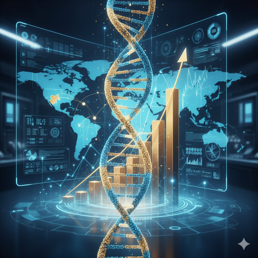 SK바이오사이언스 2025 실적 분석 결과를 시각화한 성장 그래프와 글로벌 네트워크 이미지